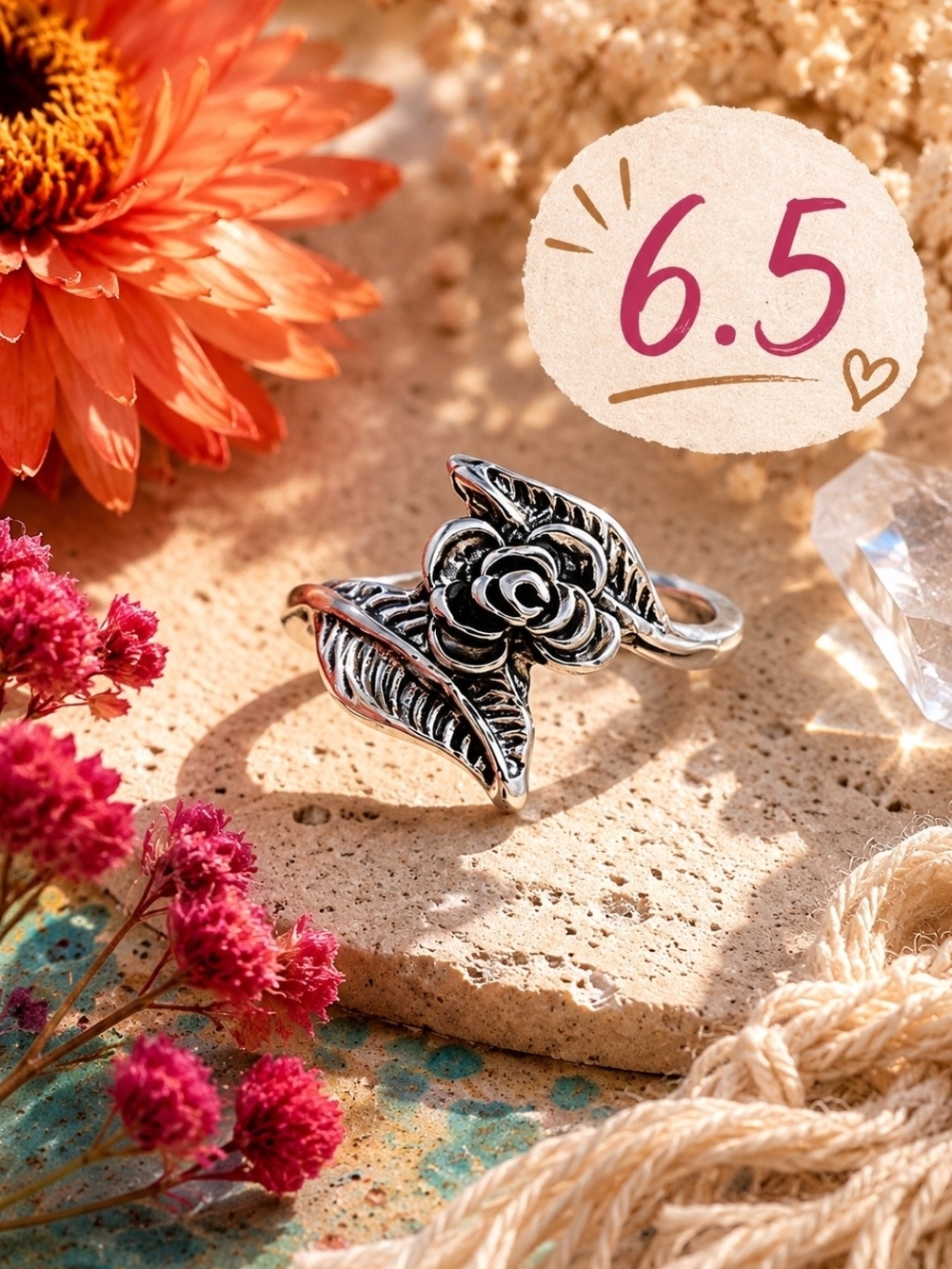 4/$15 Silver Tone Floral Rose Ring - Size 6.5 Bohemian Cottagecore Jewelry Gift